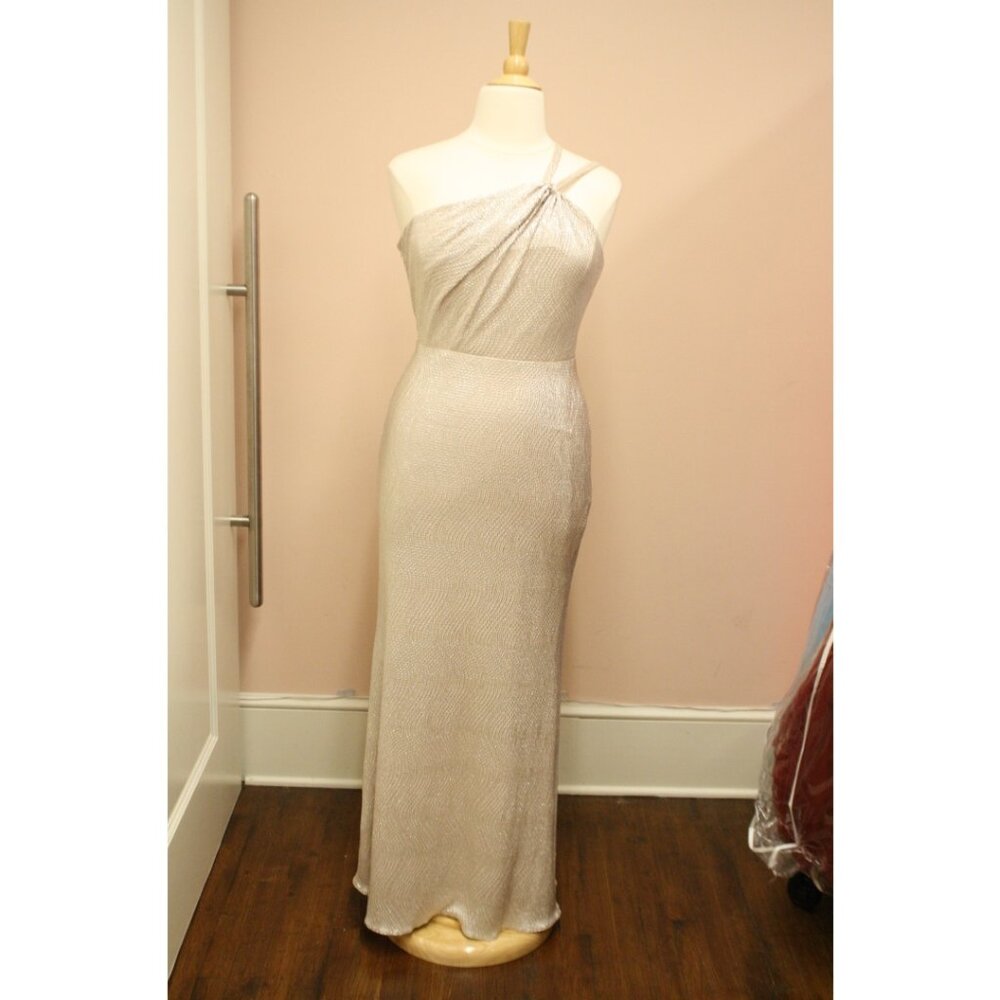 NWT Dessy Rose Gold Metallic Shimmer Long Formal Dress. One shoulder. Size 16